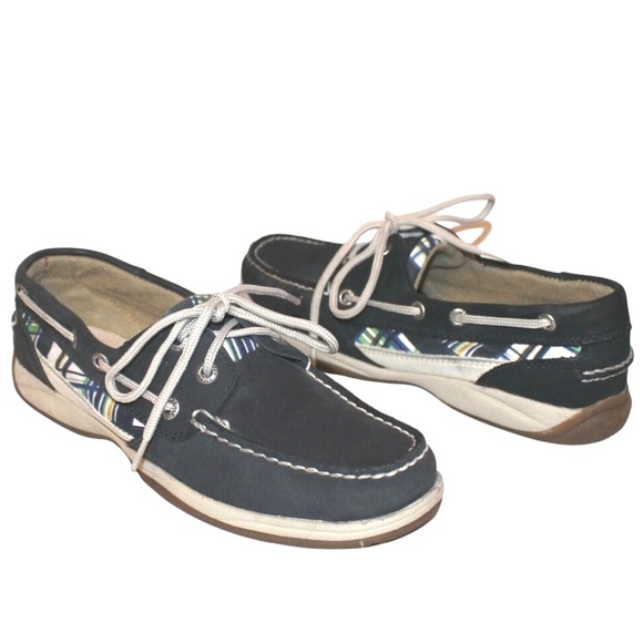 Sperry Shoes - Sperry Leather Women's Bluefish Navy Blue Plaid Slip On Boat Shoe Nautical 7.5